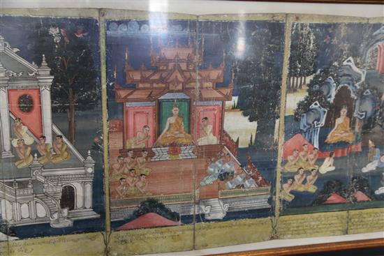 Burmese School Four panels depicting Buddha with attendants in various settings, conjoined with a script at the bottom, overall 21.5 x